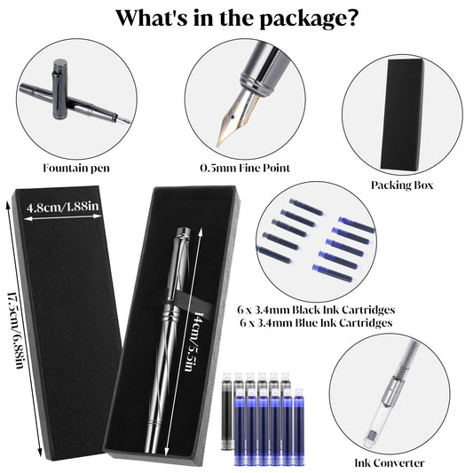 Andibro Business Fountain Pen Set, Fine Nib Luxury Metal Fountain Pens with12 3.4mm Ink Cartridges and Converter, Fancy Pens Smooth Writing for Journaling Office School Supplies