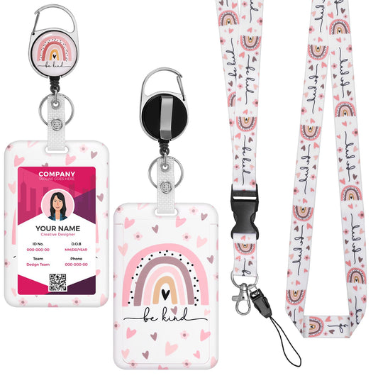 Amaxiu Boho Rainbow Badge Card Holder Lanyard Set, Hard Plastic Cute ID Card Holder with Retractable Badge Reel and Detachable Neck Lanyard Heavy Duty ID Card Protector for Nurse Teacher (A)