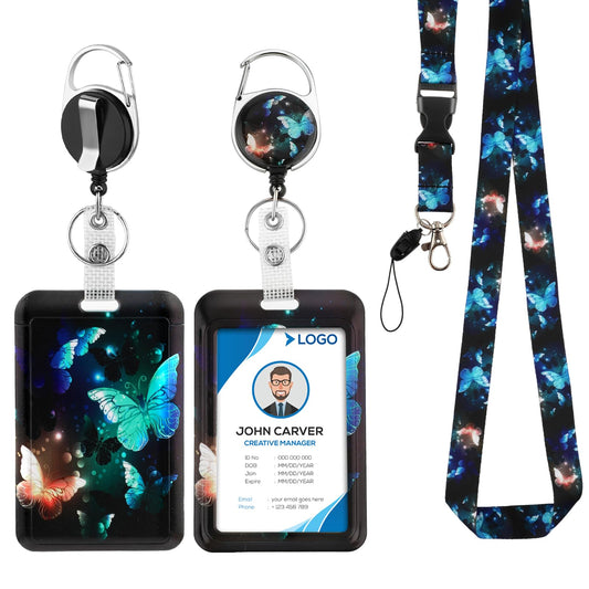 Amabro Butterfly Lanyards with ID Badge Holder, Retractable Badge Reel with Swivel Belt Clip Detachable Neck Vertical Lanyard Keychain Name Tag for Teacher Student Employees Kids Nurse Doctor(Blue)