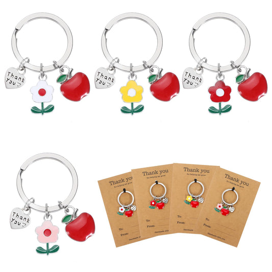 AOZUO 4PCS Teacher Gifts Keychain, Teacher Appreciation Gifts Key Chain Thank You Gift Pink Flowers Keyring in Bulk Teacher Day Birthday Christmas Gift Thank You for Helping Me Grow Keychain,