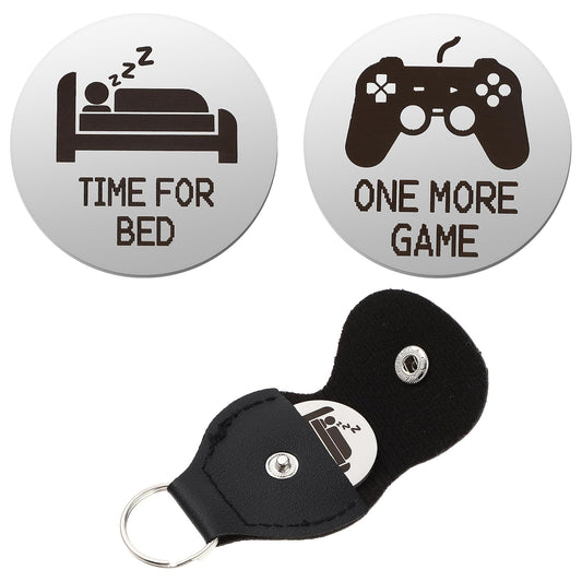 Amaxiu Novelty Decision Coins, One More Game or Time for Bed Funny Destiny Flip Coin Decision Maker Pocket Hug Token Leather Keychain Gift for Game Lovers(Silver)