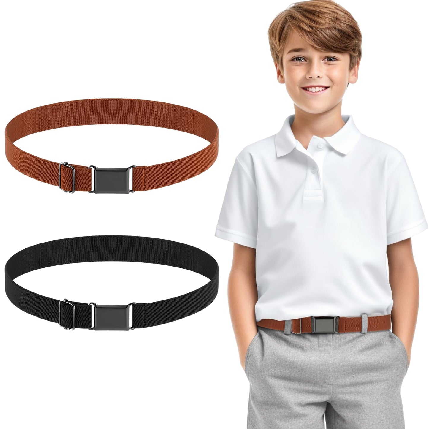 TIESOME 2PCS Adjustable Kids Elastic Belts, Stretch Waist Belts Black Metal Square Buckle Boys Belt for Pants Jeans Uniform (Black+Brown)