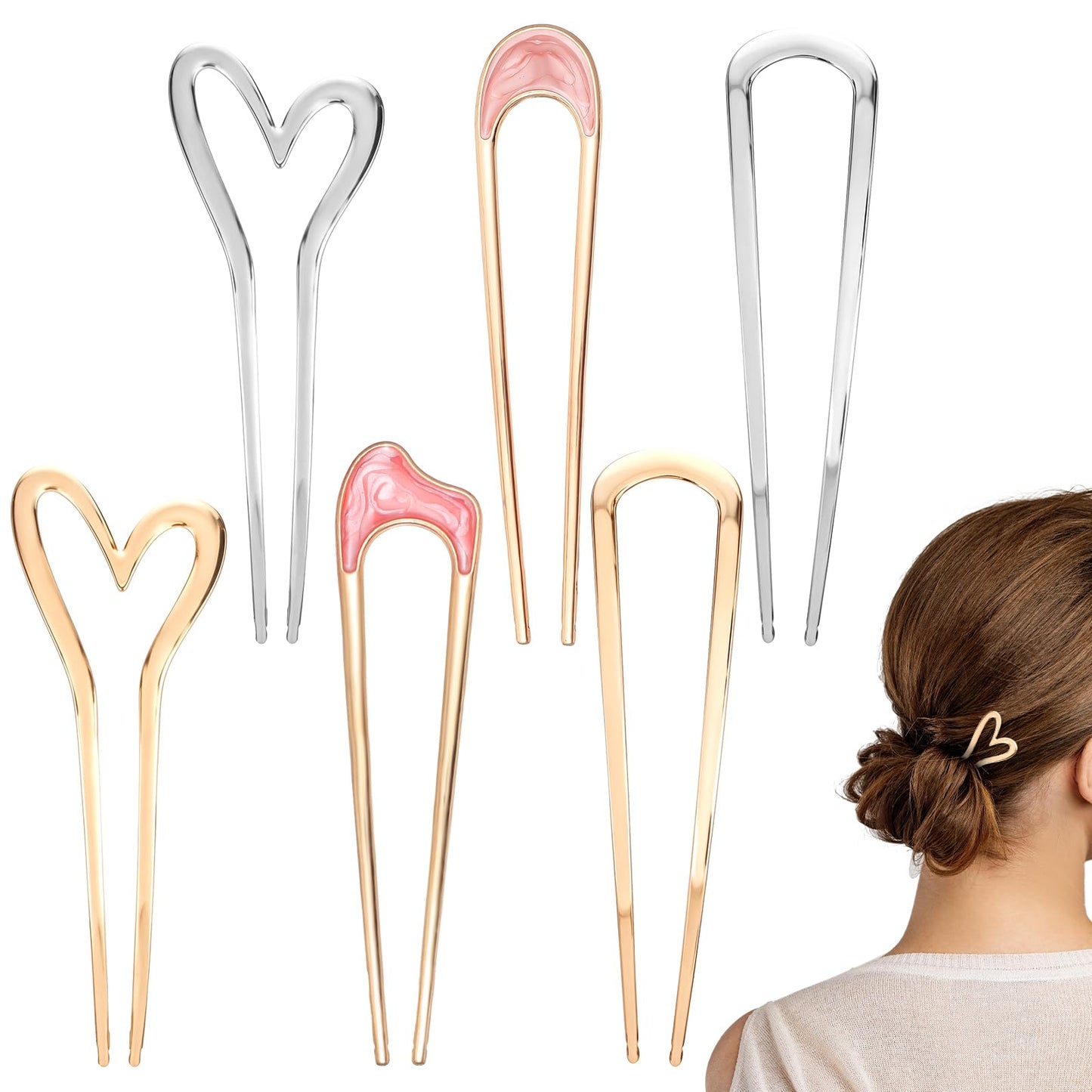 HJZHII Pack of 6 Large Hair Pins, 10.2-14 cm, French Twist Hair Pins, Heart Metal Hair Clips, Women's Leopard Print Hair Pins, French U-Shaped Hair Pins, Hair Sticks, Updo Hairstyles