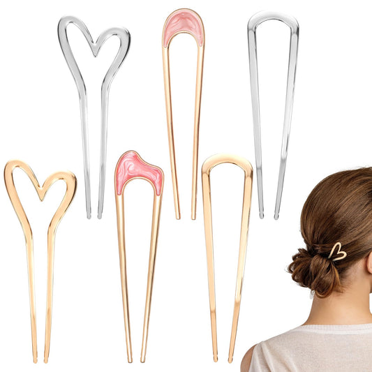HJZHII Pack of 6 Large Hair Pins, 10.2-14 cm, French Twist Hair Pins, Heart Metal Hair Clips, Women's Leopard Print Hair Pins, French U-Shaped Hair Pins, Hair Sticks, Updo Hairstyles