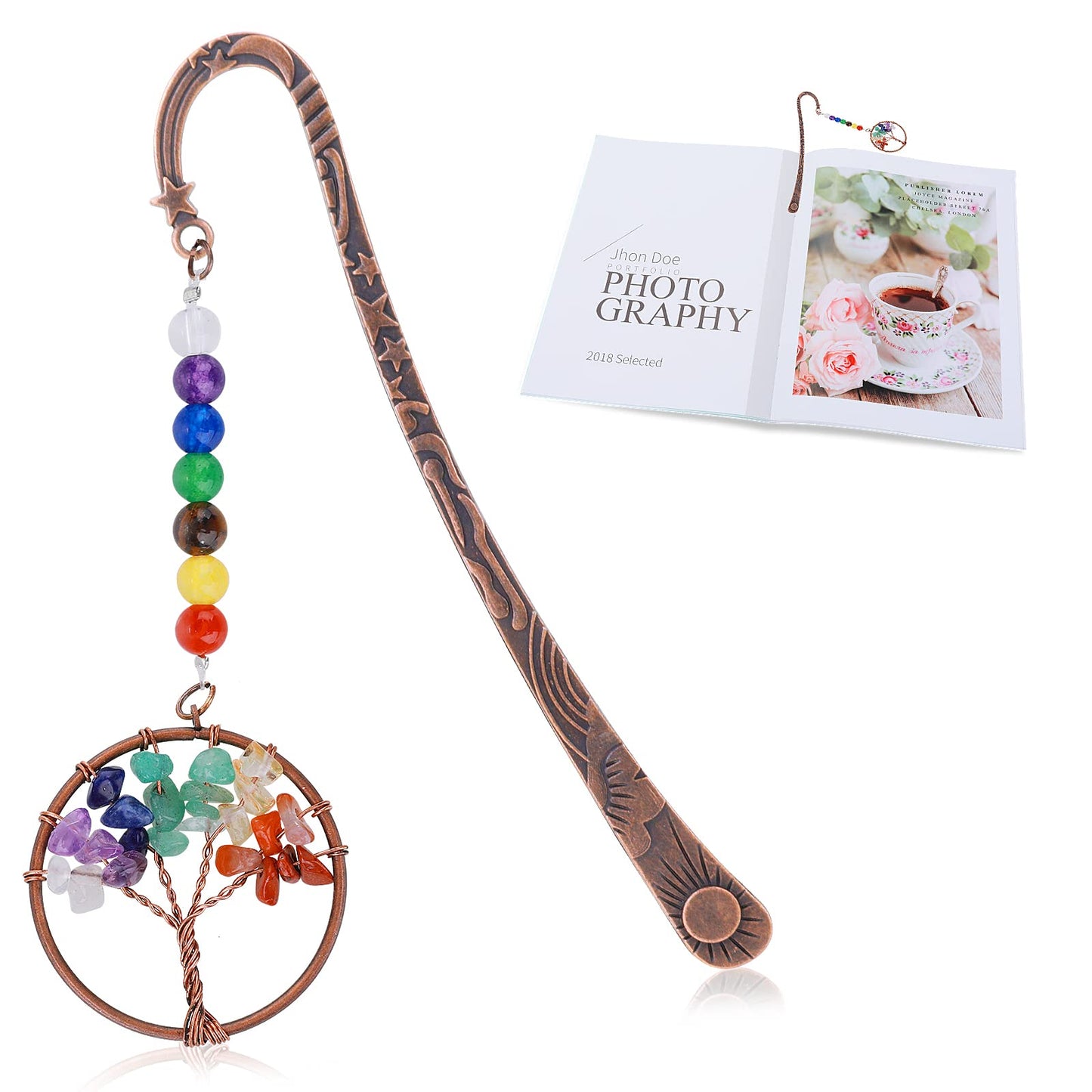 cobee Vintage Metal Bookmarks, Tree of Life Bookmark 7 Chakra Crystal Bookmark Healing Stone Vintage Bookmarks Antique Copper Metal Bookmark Beading Tumbled Gemstones Book Markers(Rainbow)