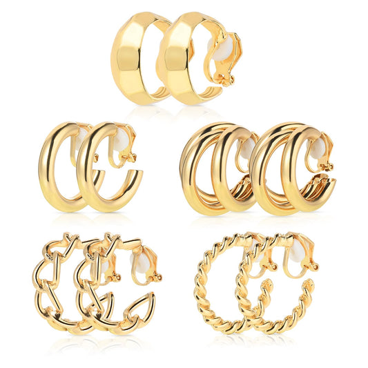 Giantree 5 Pairs Gold Clip On Hoop Earrings for Women, Trendy Geometry Classical Earrings Chunky Gold Hoops Earrings Set Lightweight Earrings Adjustable Fake Clip-On Earrings for Girls Women Gift