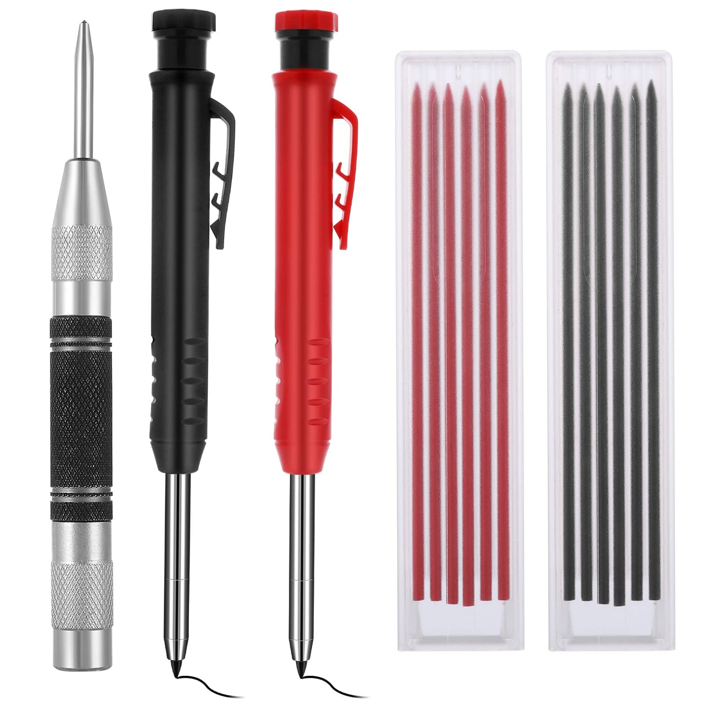 cobee Mechanical Carpenter Pencils Set with Marker Refills and Automatic Center Punch, Solid Deep Hole Carpenter Pencils with Built-in Sharpener, Long Nosed for Drawing Marking Scribing Construction