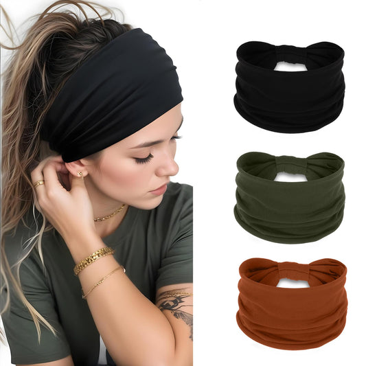 HJZHII 3Pcs Thick Headbands for Women, Wide Large Head Bands Boho Elastic Thick Stretchy Headbands Non-Slip Stretchy Sweat Hair Bands Stretchy Hair Accessories for Yoga Workout Running Cycling