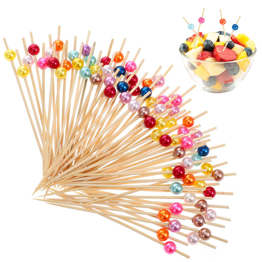 Molain 100 Pcs Cocktail Skewers, Bamboo Food Toothpicks, 4.7 Inch Wooden Fancy Toothpicks for Appetizers Cocktail Sticks Skewers for Drinks Assorted Colored Pearl Toothpicks(Multicolor)
