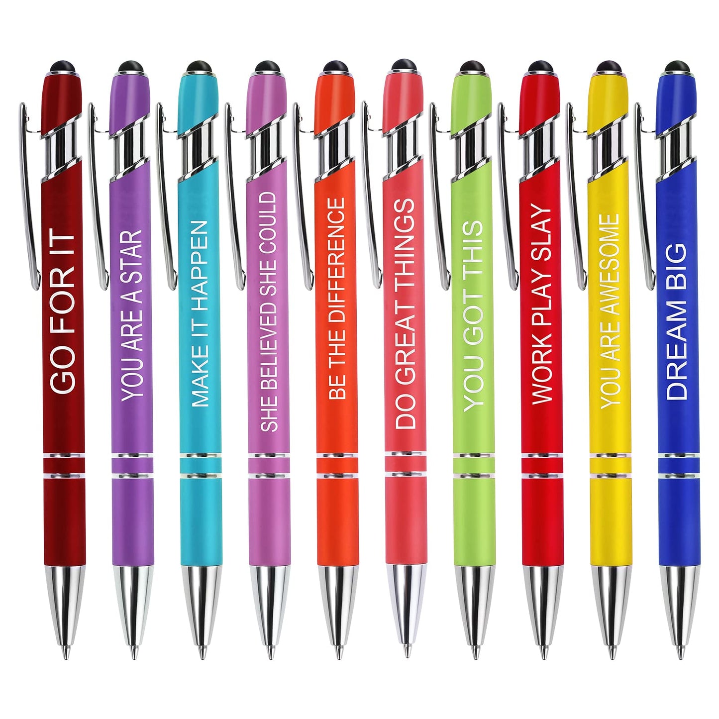 cobee Inspirational Ballpoint Pens, 10 Pieces Retractable Ballpoint Pen with Stylus Tip 1.0 mm Black Ink Soft Touch Motivational Quote Pens with Coated Metal Motivational for School Office Gift