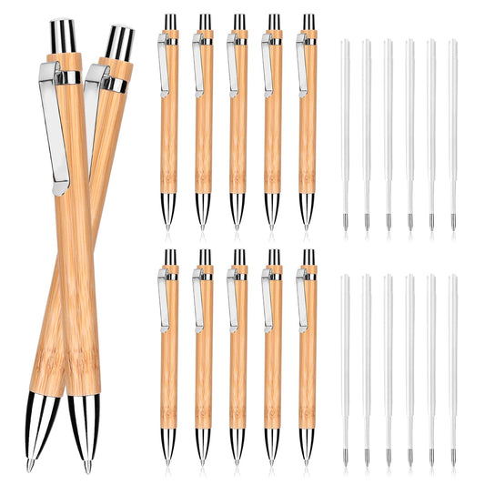 cobee 24 Pcs Bamboo Ballpoint Pen and Refills Set, 1mm Retractable Ball point Pens Black Ink Pens Sustainable Pen for Writing Journaling School Office(12 Pcs Pens+12 Pcs Refills)