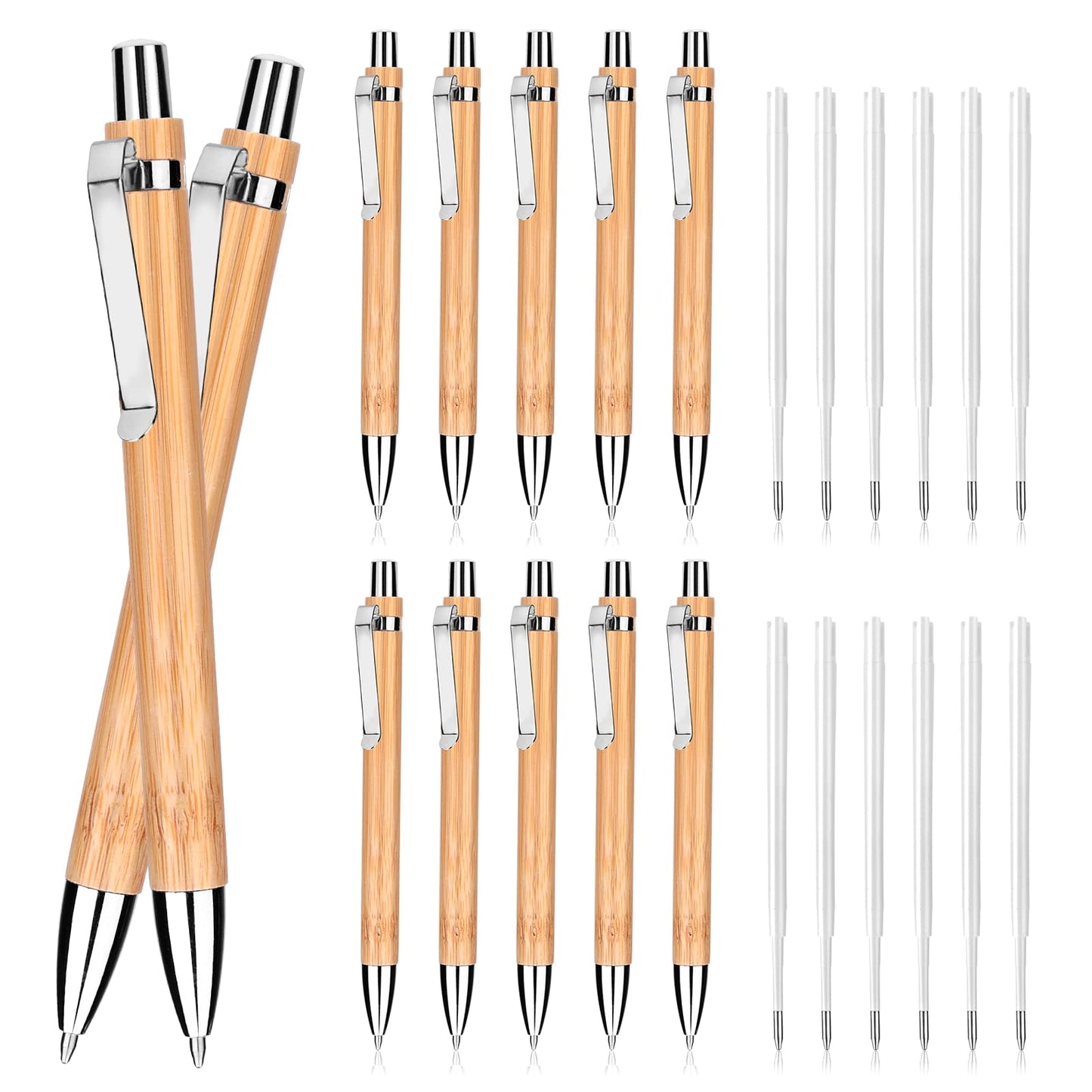 cobee 24 Pcs Bamboo Ballpoint Pen and Refills Set, 1mm Retractable Ball point Pens Black Ink Pens Sustainable Pen for Writing Journaling School Office(12 Pcs Pens+12 Pcs Refills)