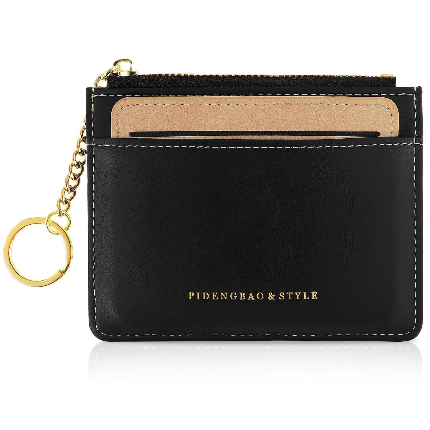 GEEHUA Women Slim Card Holder, Minimalist Leather Wallet with Removable ID Window Ladies Zip Coin Purse Keychain Front Pocket Wallet (Black)
