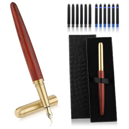 Amaxiu Luxury Wooden Fountain Pens Set, Fine Nib Wood Fountain Pen Vintage Wooden Pen with 12 2.6 mm Ink Cartridges and Gift Box for Journaling Business Office Supplies(A)