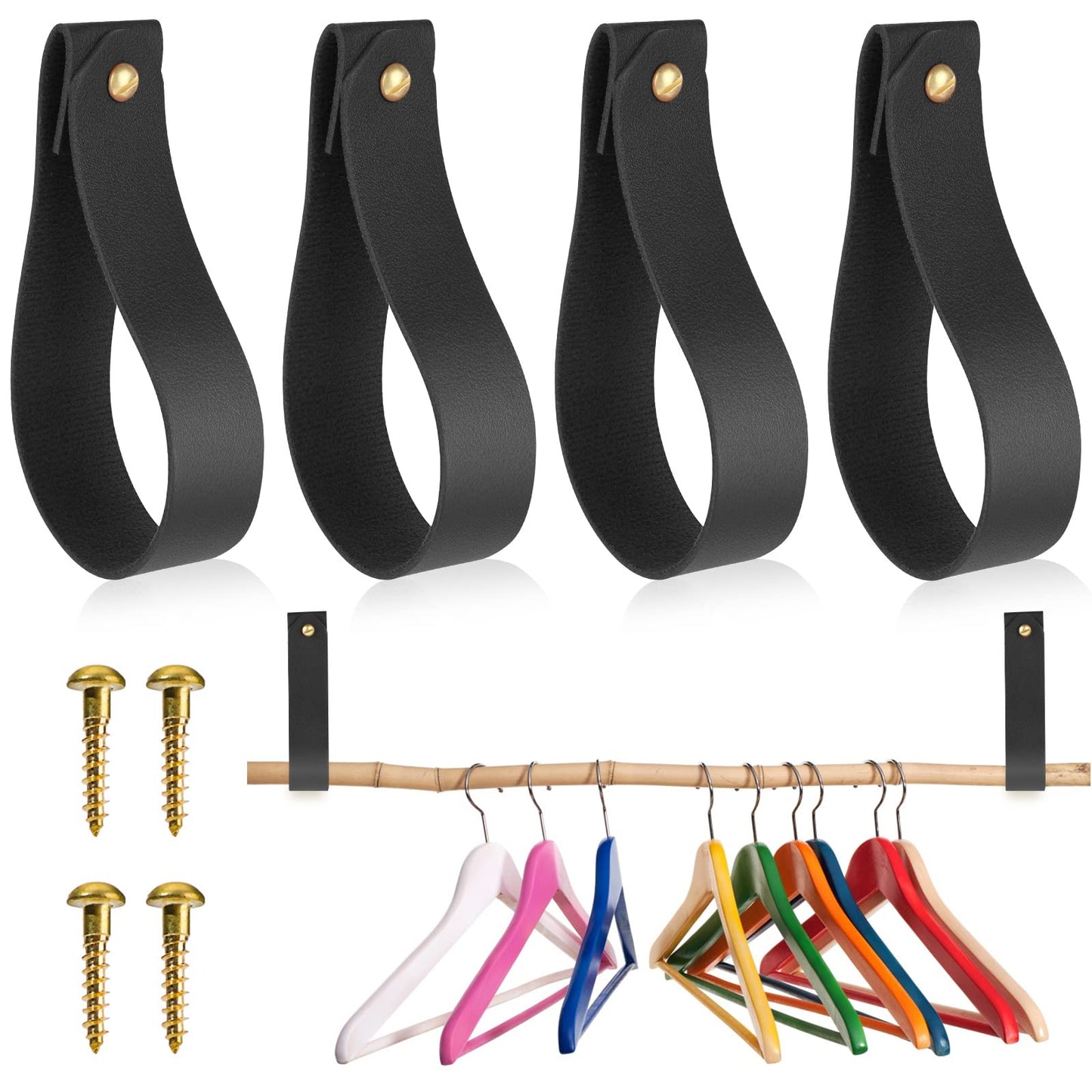 TIESOME Leather Hook Lanyard, 4Pcs Wall Hanging Straps Hanger Towel Hook Curtain Rod Holder for Bathroom Kitchen Bedroom Boho Style Decor(Black)