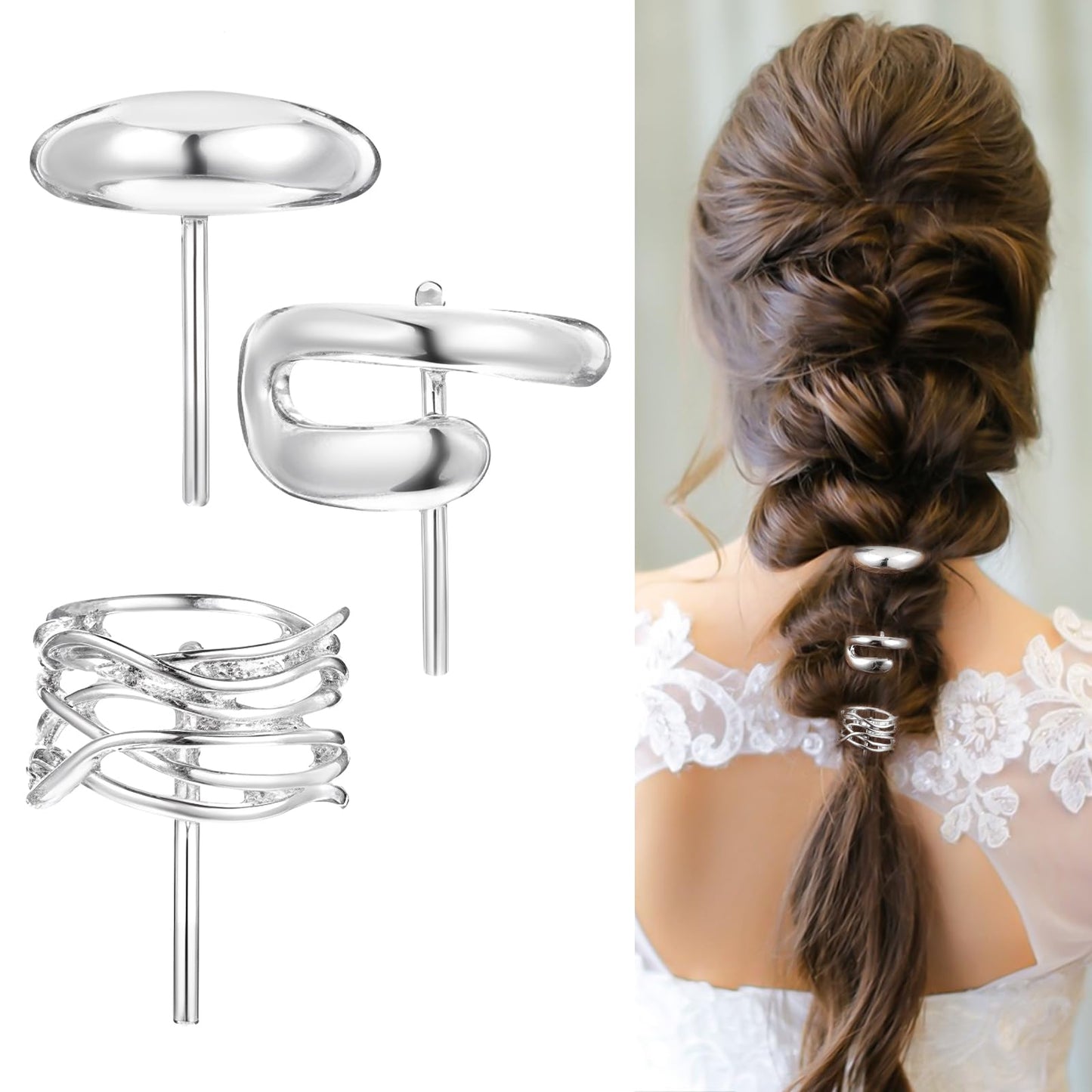 Yuanchu Pack of 3 Silver Ponytail Holder Hair Clips, 1 Inch Metal Hair Cuff with 3 Pieces Hair Bobbles High Ponytail Hair Buckles, Decorative Hair Clip Hair Accessories for Women