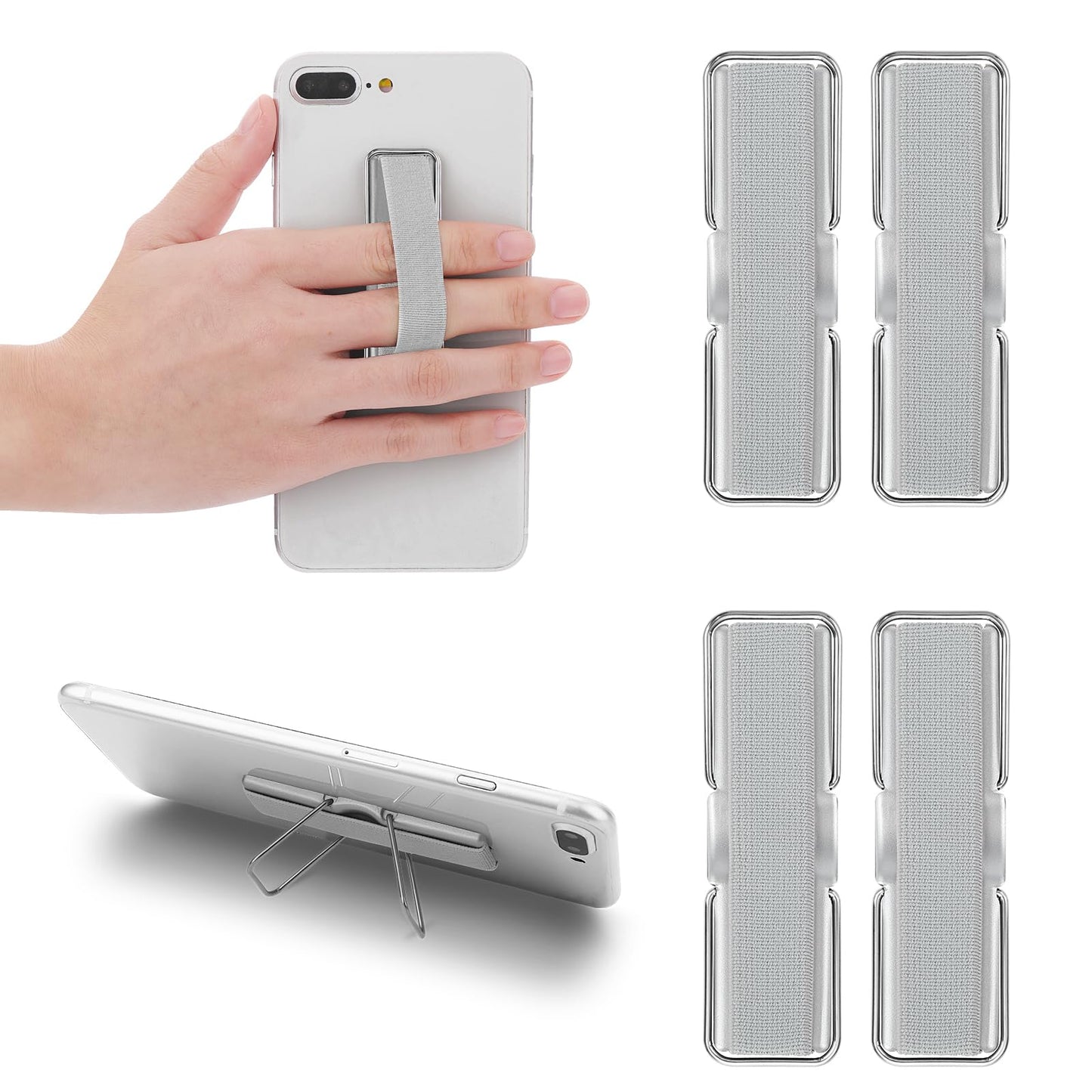 Cobee Finger Strap Phone Holder, 4 Pcs Cell Phone Grip Holder Elastic Kickstand for Mobile Phone Anti-silp Braided Finger Holder Band Compatible with Smartphones, Small Tablets(Silver)