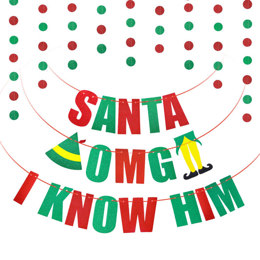 Amaxiu Christmas Banner - Santa OMG I Know Him Xmas Banner, Glitter Red Green Funny Elf Banner Xmas Decorations for Home Office Fireplace Mantel Christmas Party Supplies
