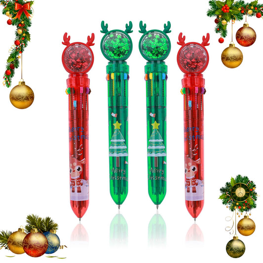 Amaxiu Christmas 10 in 1 Multicolor Ballpoint Pens,4 Pcs Retractable Colorful Ink Pens 0.7mm Fine Point Pen Xmas Santa Rollerball Pen Gift for Students Kids Christmas School Office Supplies