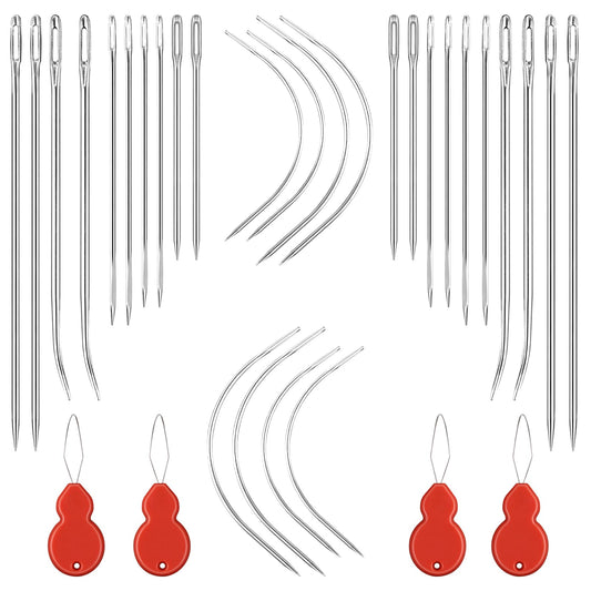 Bewudy Heavy Duty Hand Sewing Needles Set, 24Pcs Sewing Leather Needle Set with 4Pcs Needle Threaders, Curved Needle Triangular Needle Assorted Needles for Upholstery, Leather, Carpet Canvas Repair