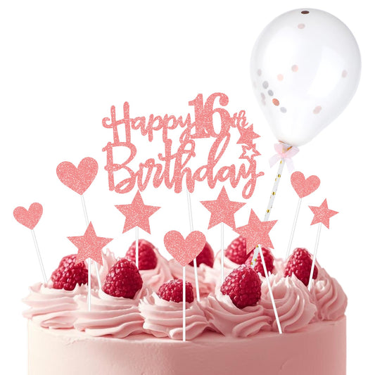 Giantree Happy 16th Birthday Cake Topper Set, Glitter Happy Sweet 16 Cake Topper with Balloon Heart Star Cupcake Picks 16th Birthday Decorations Supplies for Teens Birthday Party(Rose Gold)