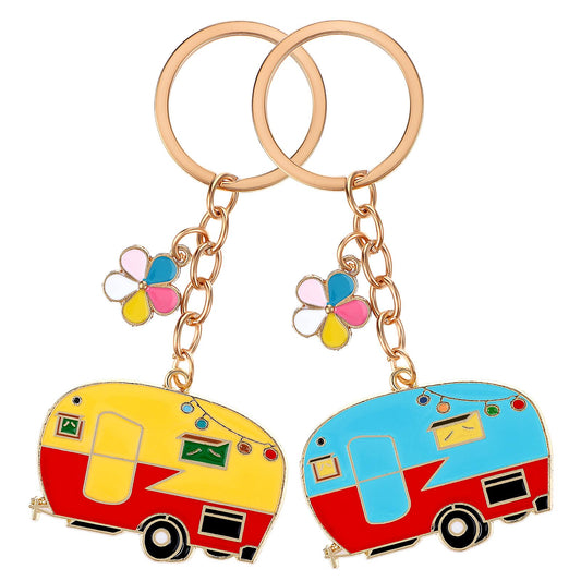 AOZUO 2PCS Camper Keychain, Happy RV Keyring with Colorful Flower Retro Camper Accessories for Women Men Camper Lover Travel Trailers Couples Jewelry Camping Keychain Vacation Gift, Multicolor