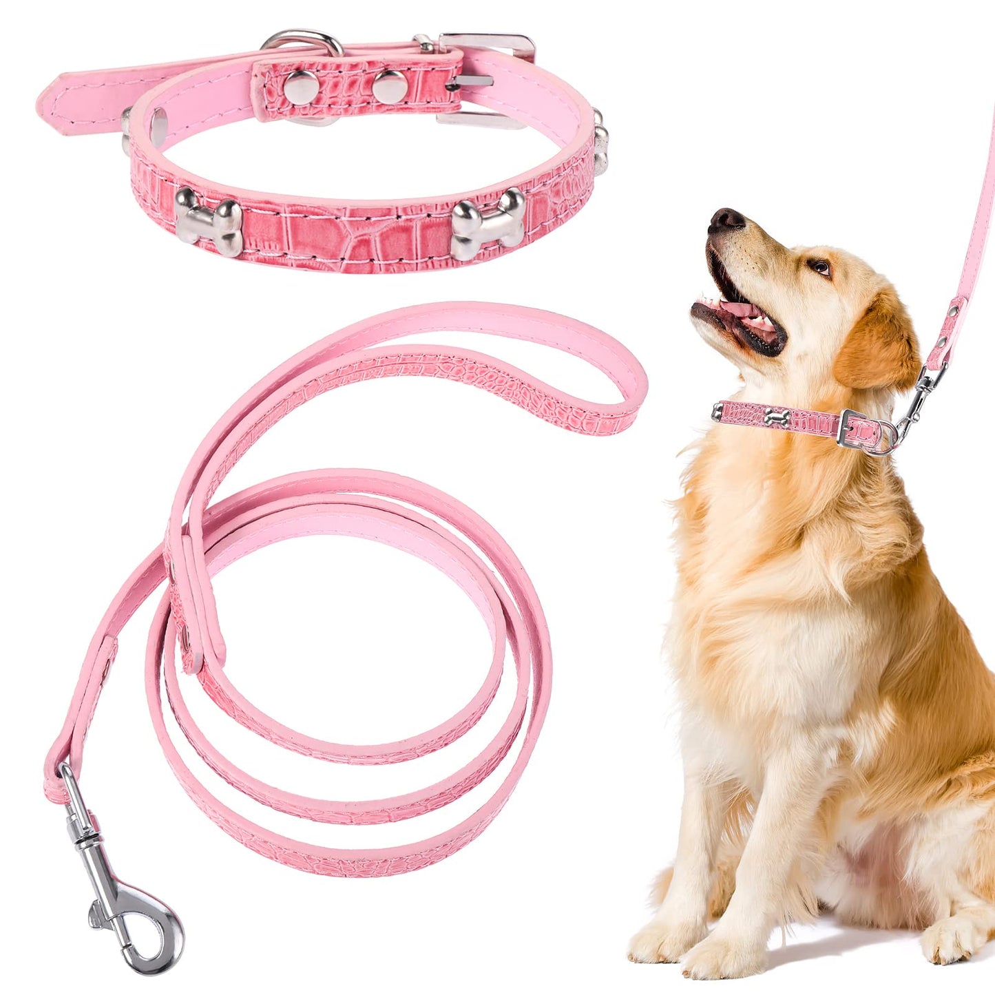 Cobee Small Dog Collar and Leash Set, Cute Bone Shaped Pattern Pet Collars with Alligator Texture Leashes for Small Boys Girls Dogs Puppies, Adjustable Dog Training Running Accessories(Pink)