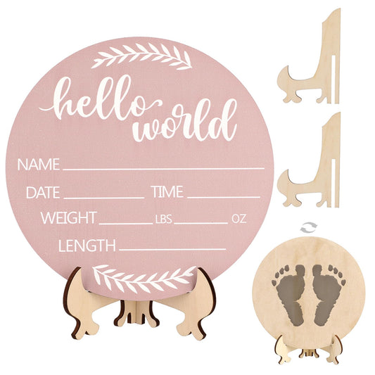 Jeffdad Wooden Baby Name Announcement Sign, 7.08" Birth Announcement Sign Hello World Newborn Photo Prop for Babies for Baby Shower Party Gift Keepsakes (Pink)