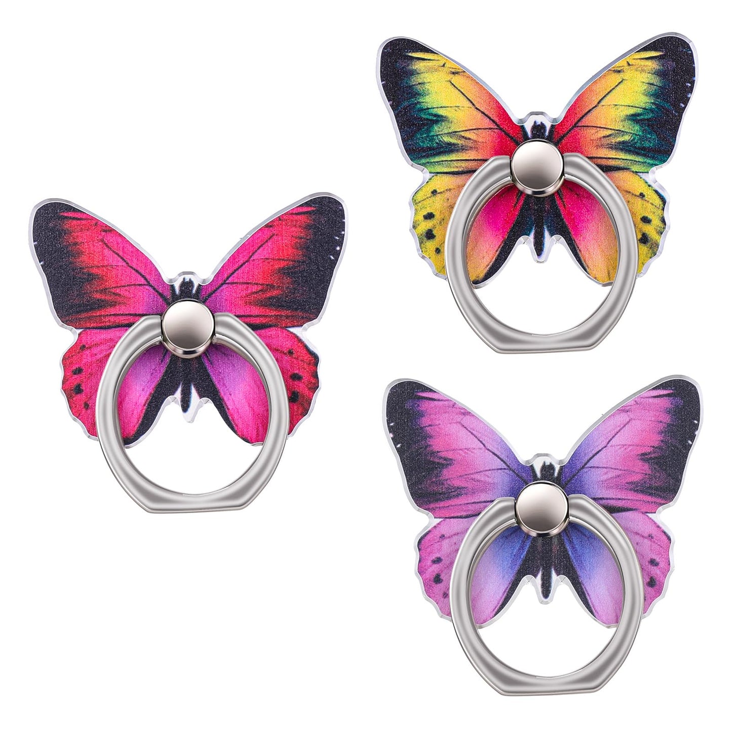 AOZUO 3 PCS Cell Phone Ring Stand Holder, Cute Butterfly Painted Pattern Metal Finger Kickstand 360 Degrees Rotation Ring Holder Grip with Knob Loop Compatible with All Smartphones Tablet (Color B)