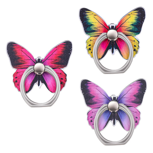 AOZUO 3 PCS Cell Phone Ring Stand Holder, Cute Butterfly Painted Pattern Metal Finger Kickstand 360 Degrees Rotation Ring Holder Grip with Knob Loop Compatible with All Smartphones Tablet (Color B)