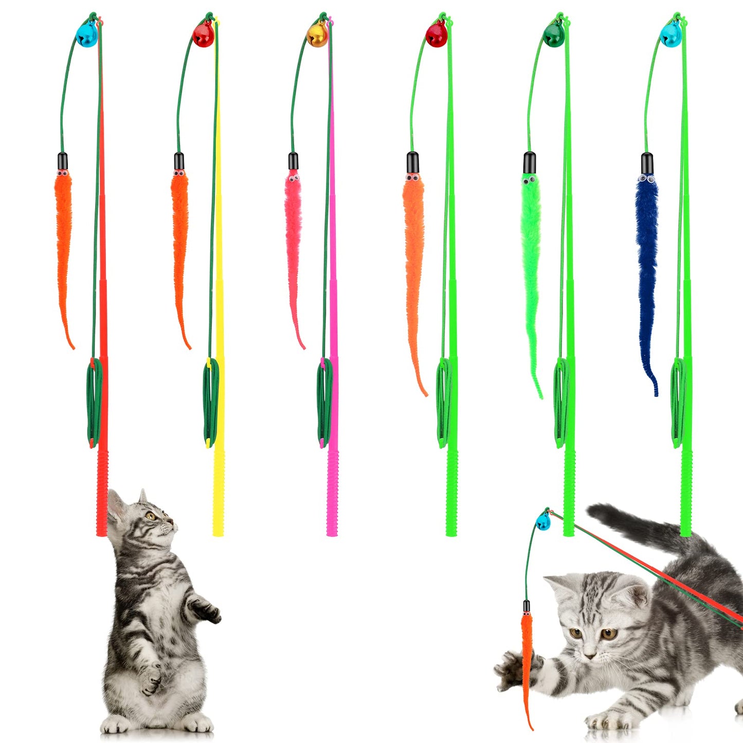cobee Cat Feather Toys, 6 Pcs Cat Feather Wands Interactive Worm Teaser Toy for Indoor Outdoor, Cat Interactive Wand Toys with Worm Refills and Cat Bells, Cat Kitten Wire Chaser Fun Toys