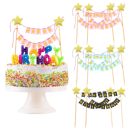 Amaxiu 6 Sets Happy Birthday Cake Topper, Bunting Banner Glitter Cake Topper Cake Gold Star Flag Banner Cupcake Topper Cake Decoration for Boys Girls Birthday Party