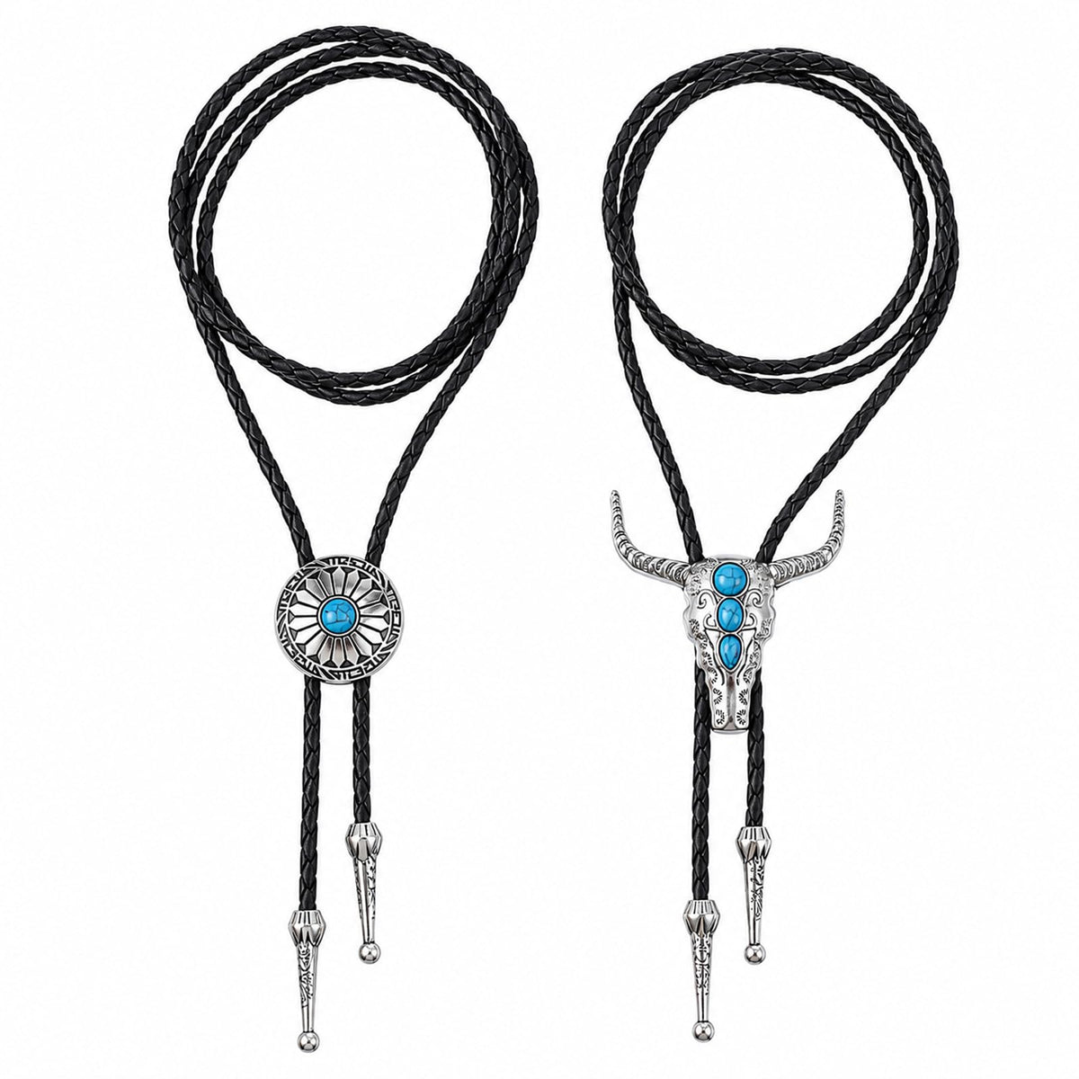 DOPENSPI Pack of 2 Bolo Ties for Men, 50 cm Western Cowboy Tie Necklace with Black Lariat Rodeo Pendant for Cowboy Costumes, Western Outfits, Cowboy, Shirts, Vests, Accessories Parties, silver, 50