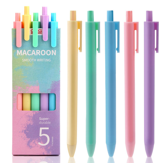 Molain 5 Pcs Retractable Black Gel Ink Pens, 0.5mm Fine Ballpoint Pens,Rollerball Pens, Extra Fine Point Pens,Macaron Cute Pens,Smooth Writing Gel Pens for School Office Supplies, 5 Colors Pen Shells
