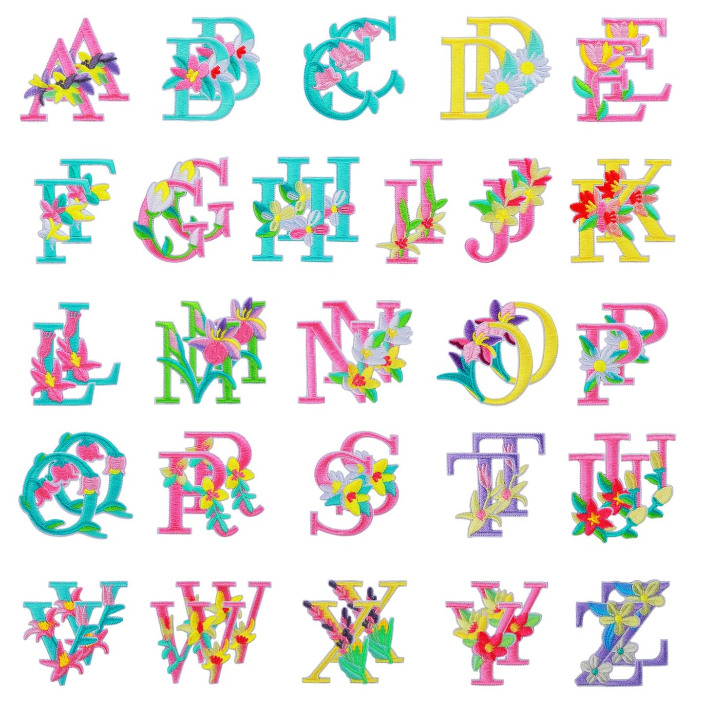 TIESOME 2 Sets (52 Pieces) Iron On Letters with Flowers, Iron On Patches Embroidery Letter, Sew On Letters Patches Colorful Sewing Repair Alphabet Patches Floral Applique for Clothing Bags DIY Craft