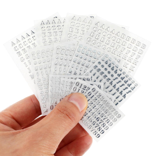 LXUEJIE 12 Sheets Small Letter Stickers, 3 Sizes Mini Alphabet Number Stickers 3D Self-Adhesive Mini Letter Nail Sticker Glitter Alloy Decals for Scrapbooking Nail Art Epoxy Resin Crafts(Silver)