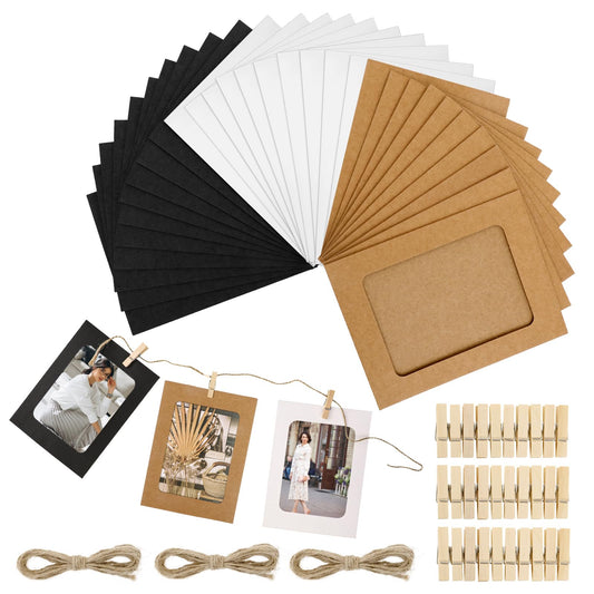 Molain 30 Pack Paper Picture Frames 4x6, DIY Cardboard Photo Hanging Display White/Black/Brown Paper Photo Frames with Clips and Strings Photo Holders Photo Hanging Display Kit for Wall Decor