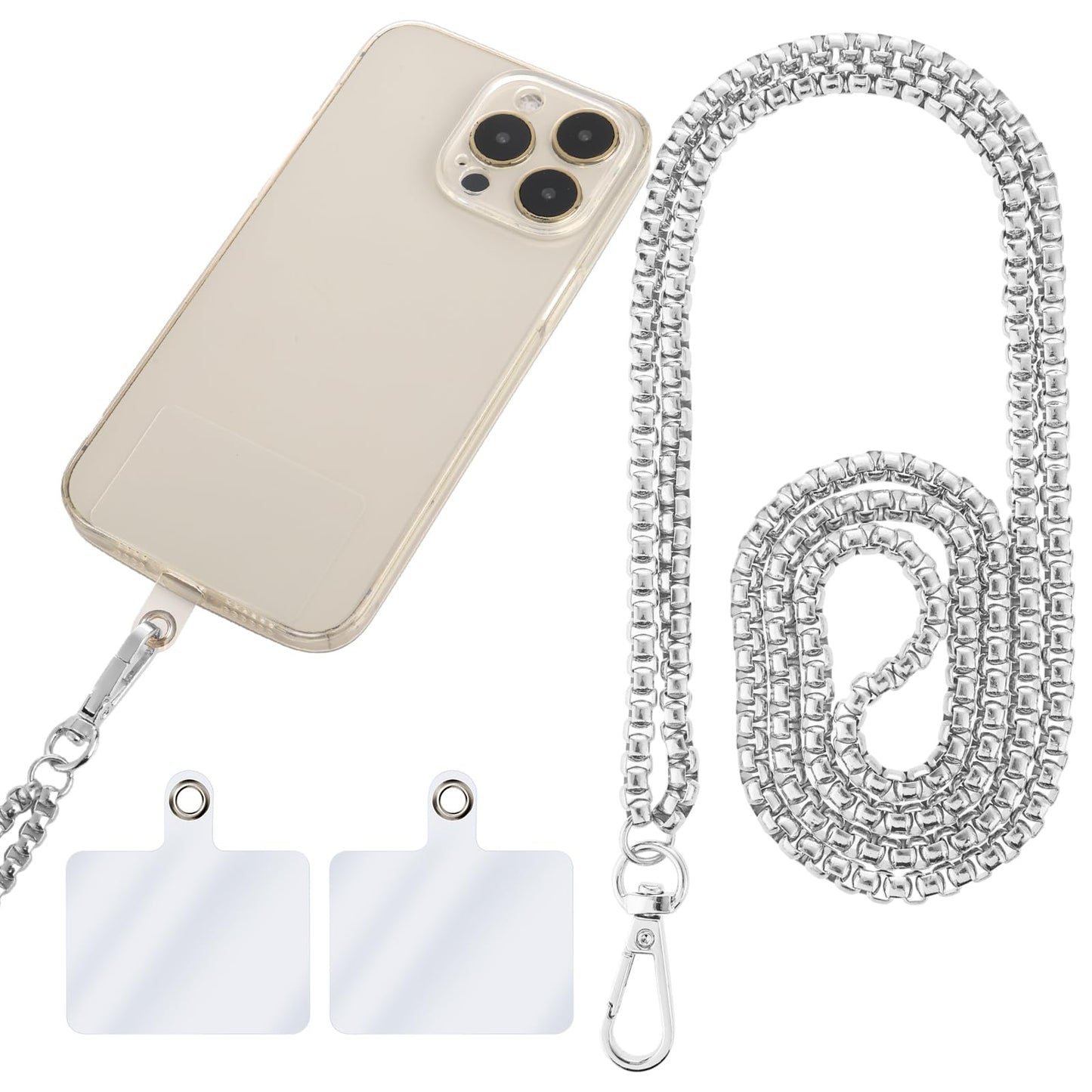Amabro Metal Phone Chain Holder, Universal Cell Phone Crossbody Neck Lanyard with Tether Pads Adjustable Phone Wrist Strap Compatible with Smartphones, 47.2 Inch(Silver)