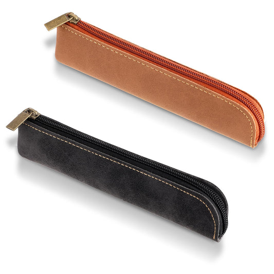 HJZHII 2PCS PU Leather Pencil Case, Black Brown Thin Soft Pen Bag Skinny Pencil Pouch Slim Pen Bags Lovely Stationery Bag Portable Zippered Pens Cases for Adults Pens Pencils Markers Office Supplies