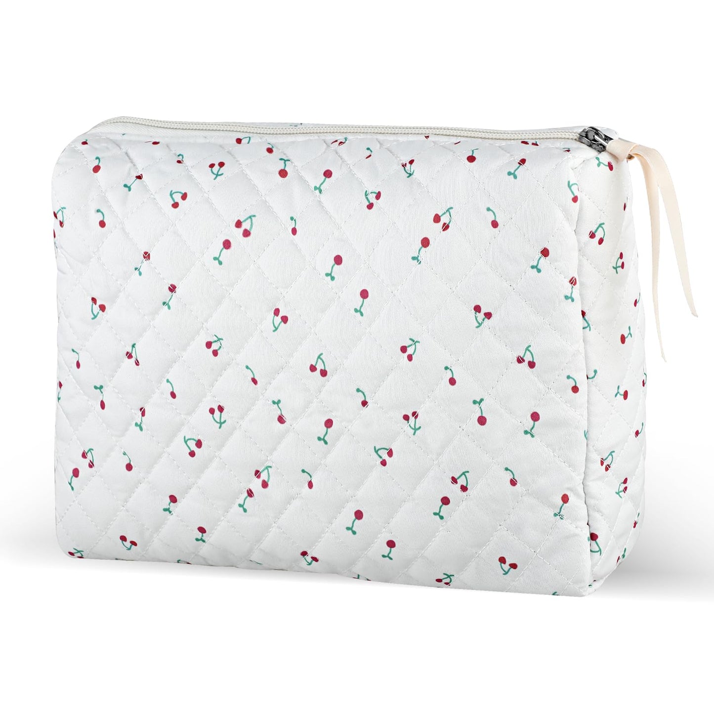 Amaxiu Large Makeup Bag, Travel Cosmetic Bags Toiletry Bag with Zipper Kawaii Cherry Prints Checkered Aesthetic Quilted Makeup Pouch Organizer for Women (A)