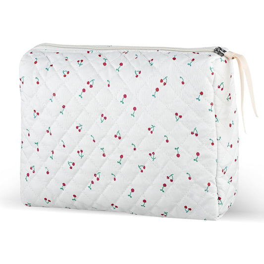 Amaxiu Large Makeup Bag, Travel Cosmetic Bags Toiletry Bag with Zipper Kawaii Cherry Prints Checkered Aesthetic Quilted Makeup Pouch Organizer for Women (A)