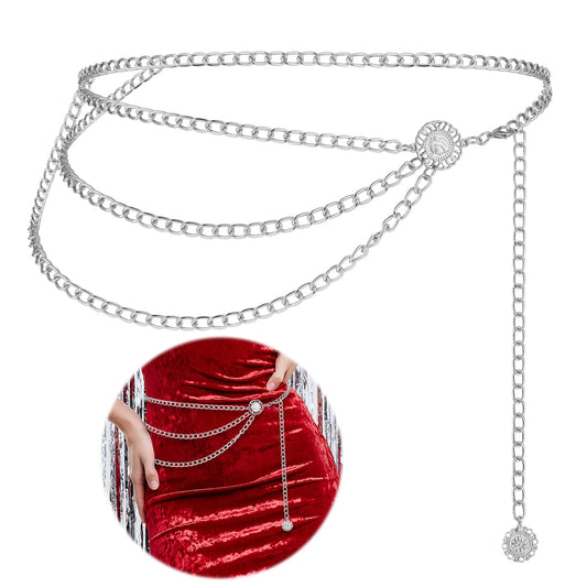 JIEYAO Multilayer Metal Chain Belts, Womens Metal Belts for Dresses Adjustable Body Belly Chain Long Waist Belt for Jeans(Silver,90cm/35.4in)