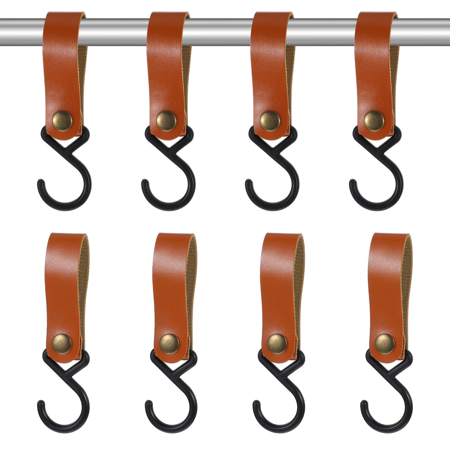 Yuanchu Pack of 8 S Hooks with Leather Loop, 16 x 2 cm Hooks for Clothes Rail, S-shaped Hooks for Hanging, Camping Hooks, Plastic, Multifunctional Hooks, Coat Hooks for Kitchen, Bathroom (Caramel)
