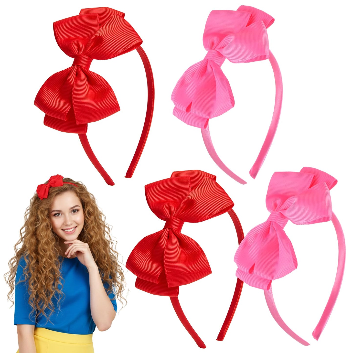 DOPENSPI 4 Pcs Red Bow Headbands for Women, Bowknot Head Bands Hair Hoop Headwear Cute Hair Band Accessories Knotted Headpiece for Christmas Birthday Party Costume Daily Decor