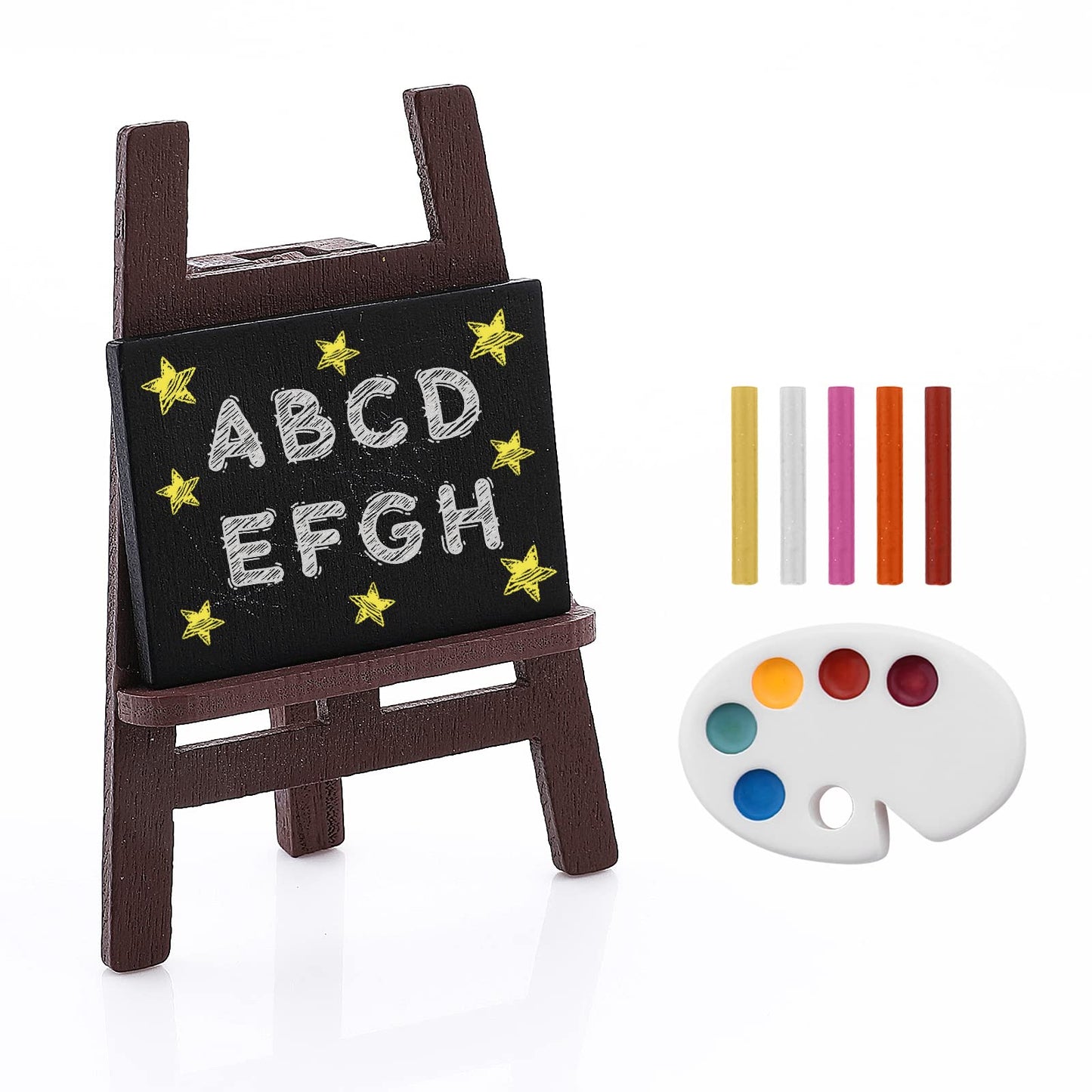 cobee Mini Dollhouse Blackboard Set, Miniature Wooden Easel Dollhouse Decoration Dollhouse School Accessories Mini Blackboard Blackboard Stand Palette Crayon for Pretend Play
