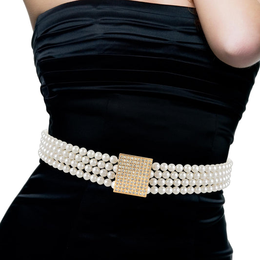 Andibro Bridal Pearl Elastic Waist Belt,Rhinestone Wedding Waist Chain Crystal Sashes Bridesmaid Dress Waistband for Women(A)