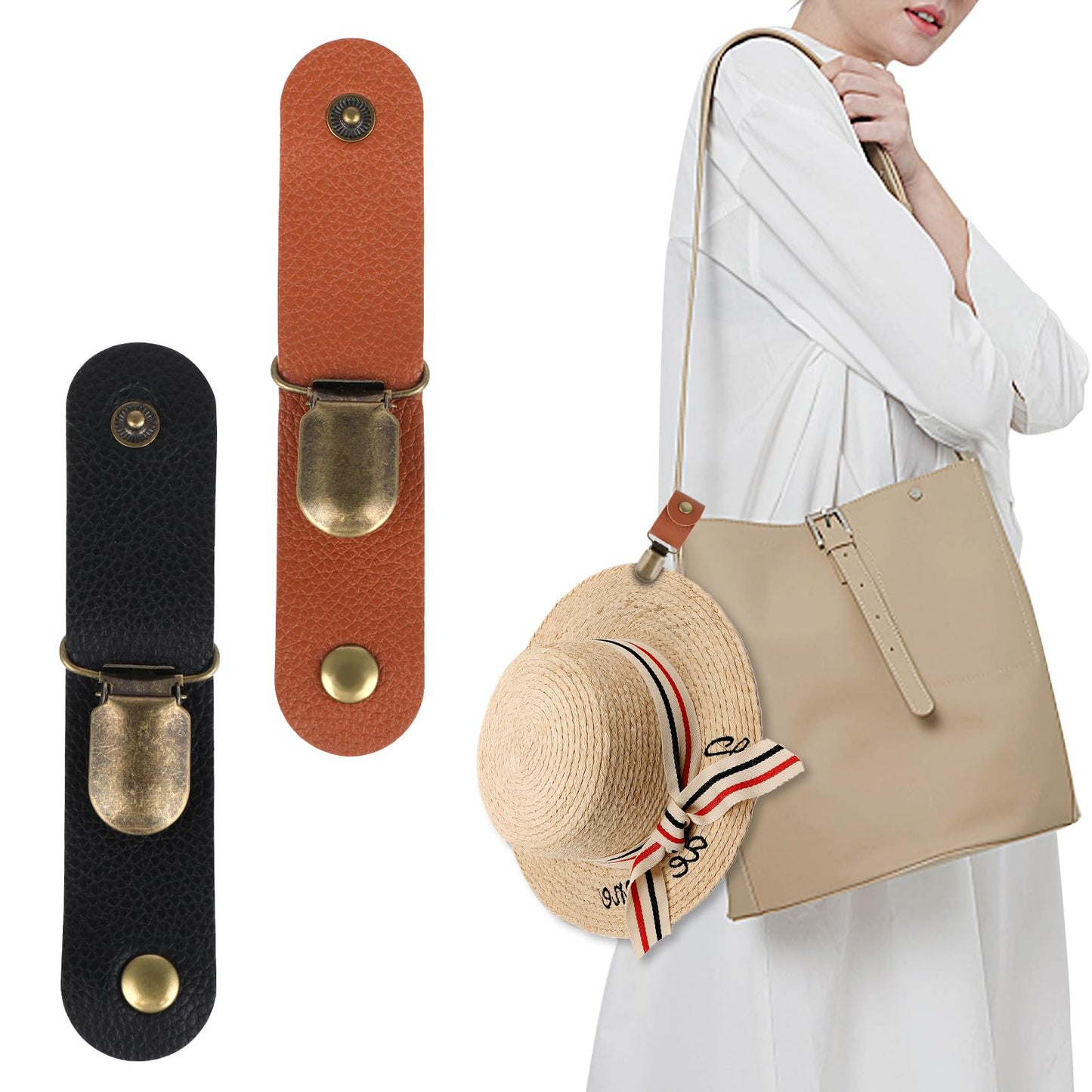 cobee Travel Hat Clips, 2 Pieces PU Leather Hat Clip for Bag Multifunctional Hat Holder Sun Hats Clips for Travel Women Men Black, Brown
