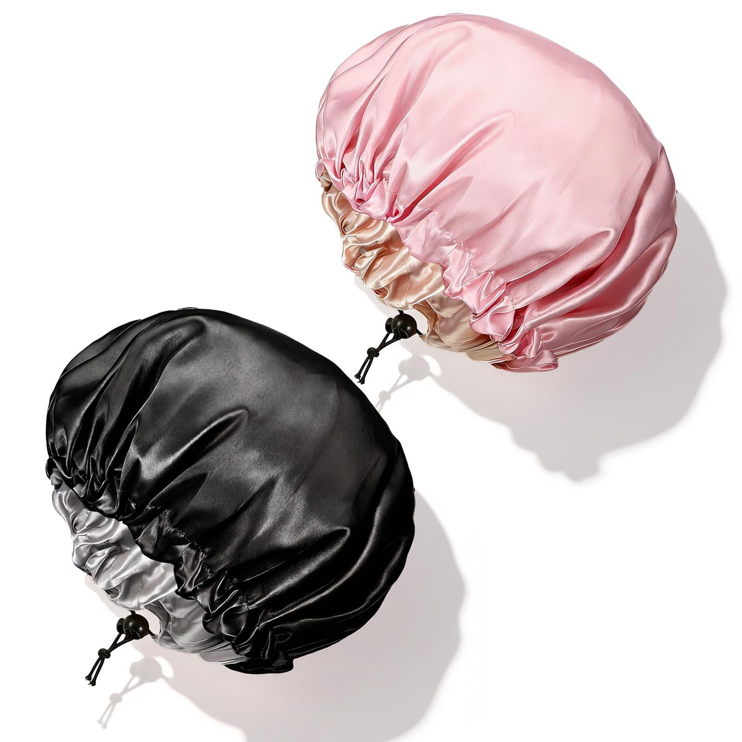 Molain 2Pcs Shower Cap for Women, Adjustable Reusable Extra Large Double-Layer Waterproof Lining for All Hair Lengths Black and Pink
