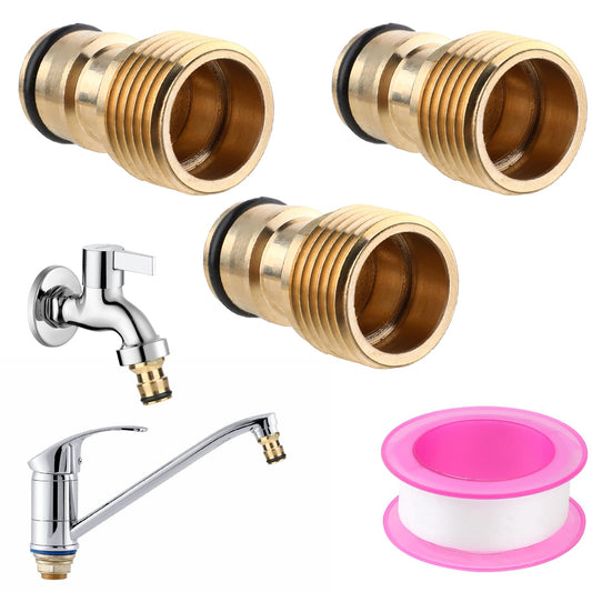 Molain Pack of 3 Tap Adapter Brass Hose, 1/2 Inch Hose Connection Tap Brass Hose Connector with Sealing Tape 6m for Garden Kitchen Washing Machine Outdoor