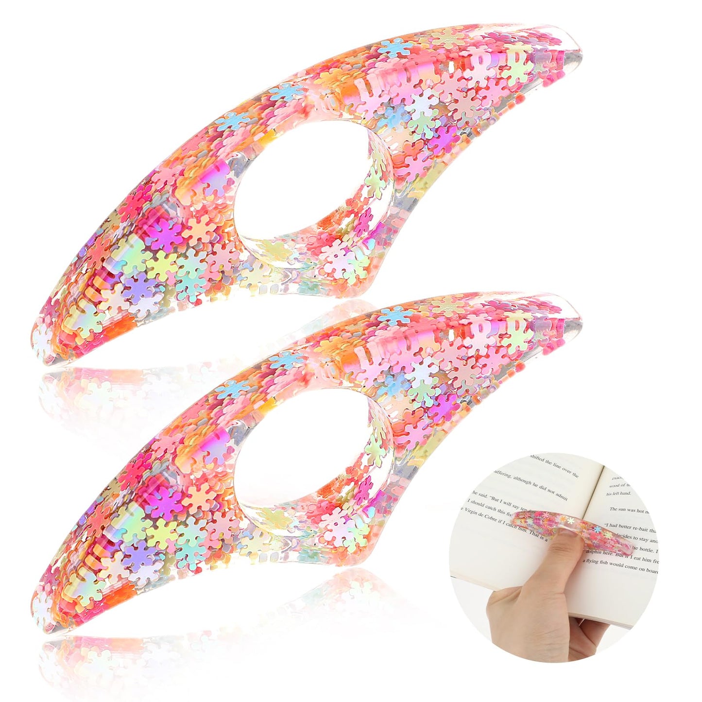 Amabro 2 PCS Book Page Holder for Reading, Glitter Thumb Bookmark Transparent Book Page Holder Handmade Resin Ring Book Opener Book Accessory Gift for Literary Book Lover Teacher Bookworm Student